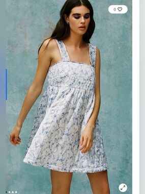 White Mini Dress with Blue Floral Print and Square Neck